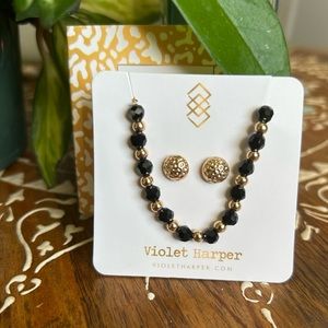 Gold/Black Bead Bracelet + Gold Earring Set